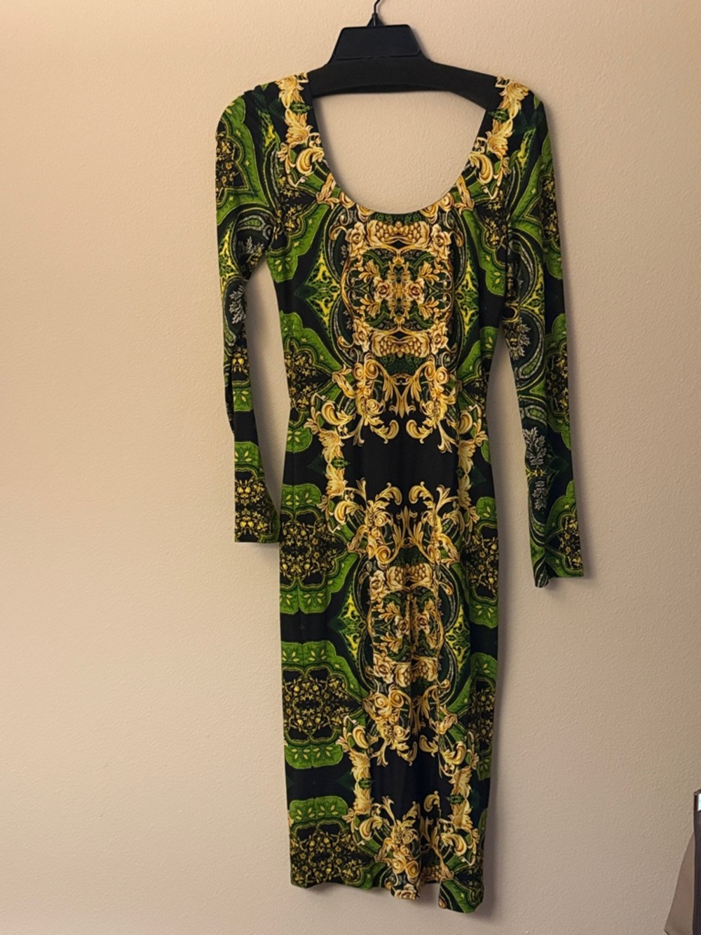 Alice + Olivia Black, Green and Gold Long Sleeve Bodycon Dress
